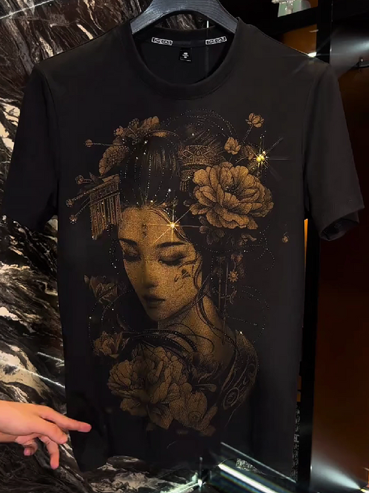 Men's Rhinestone Geisha Floral Graphic T-Shirt