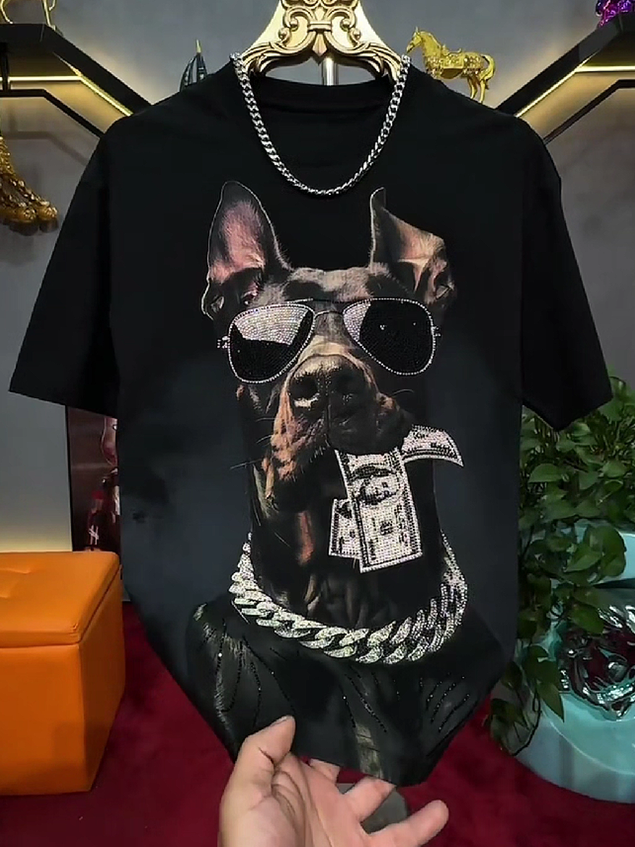 Men's Rhinestone Dog Graphic T-Shirt