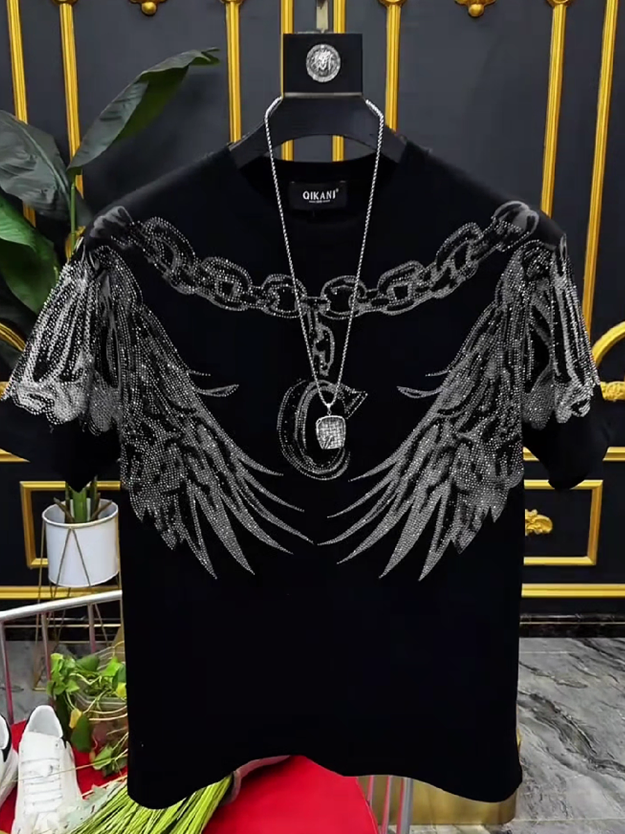 Men's Rhinestone Wings Chain Graphic Crew Neck T-Shirt