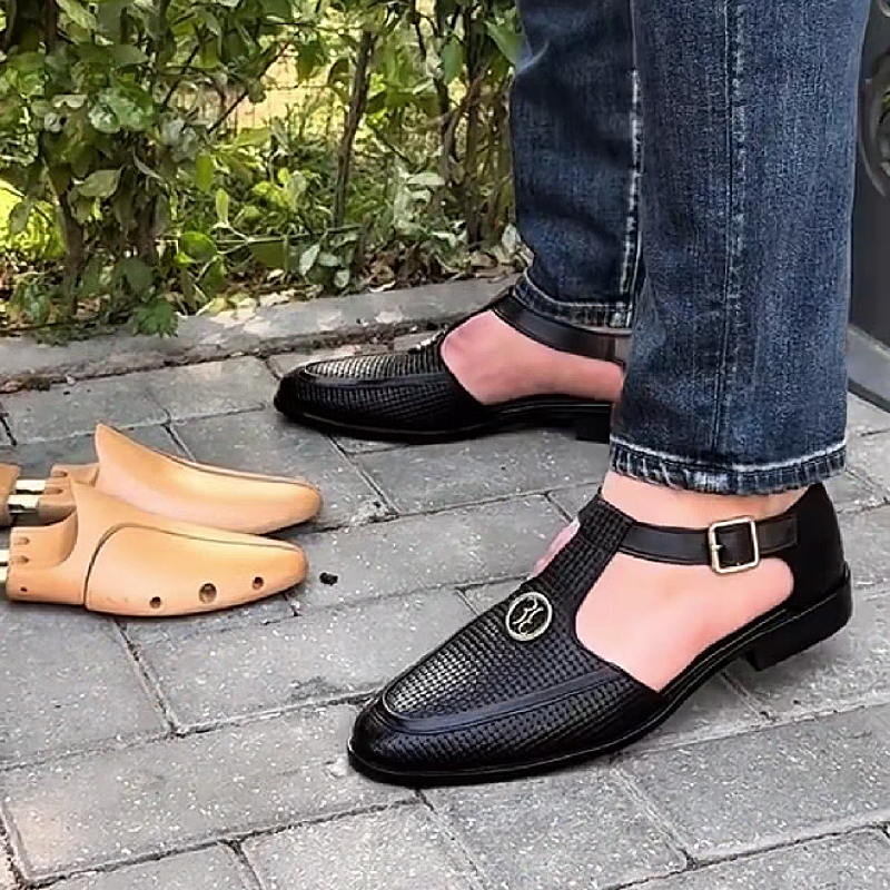 Men's Black T Bar Strap Sandals Shoe