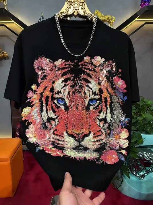 Men's Rhinestone Tiger Head Graphic T-Shirt
