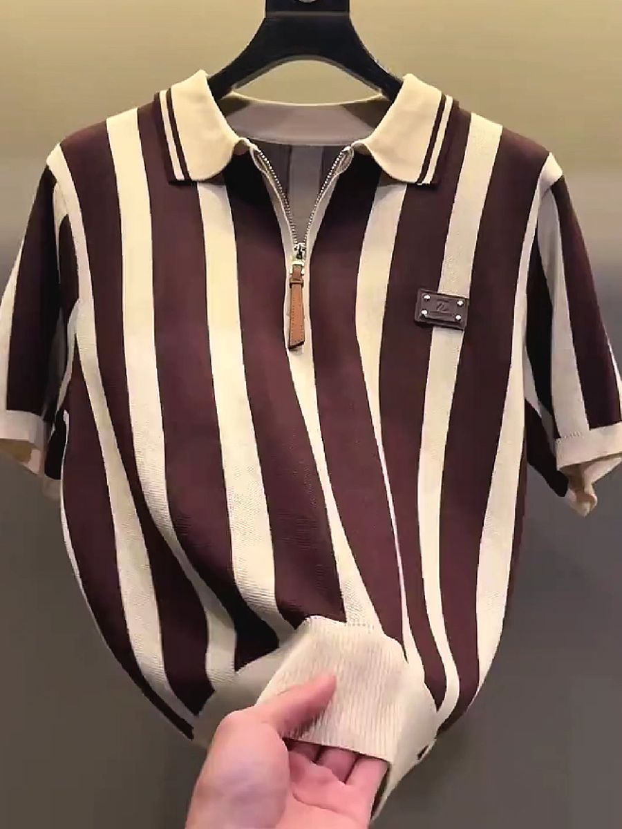 Stripe Knit Zip Polo Shirt