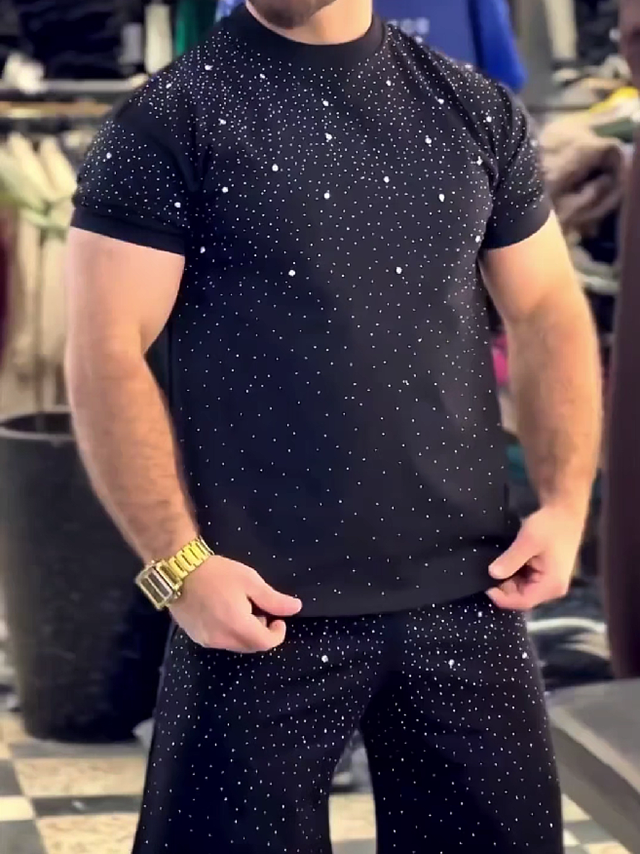 Men's Rhinestone Embellished Short Sleeve T-Shirt and Shorts Set