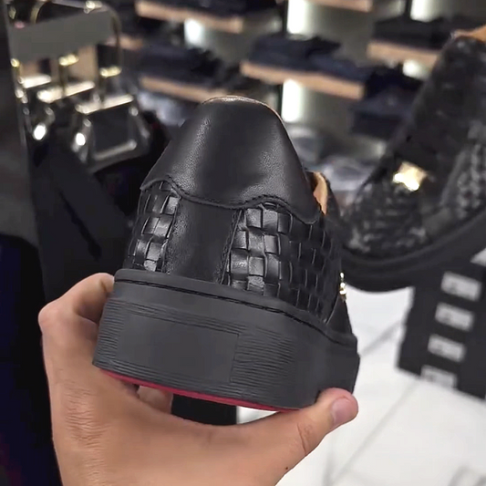 Men's Woven Leather Sneakers with Metal Accent