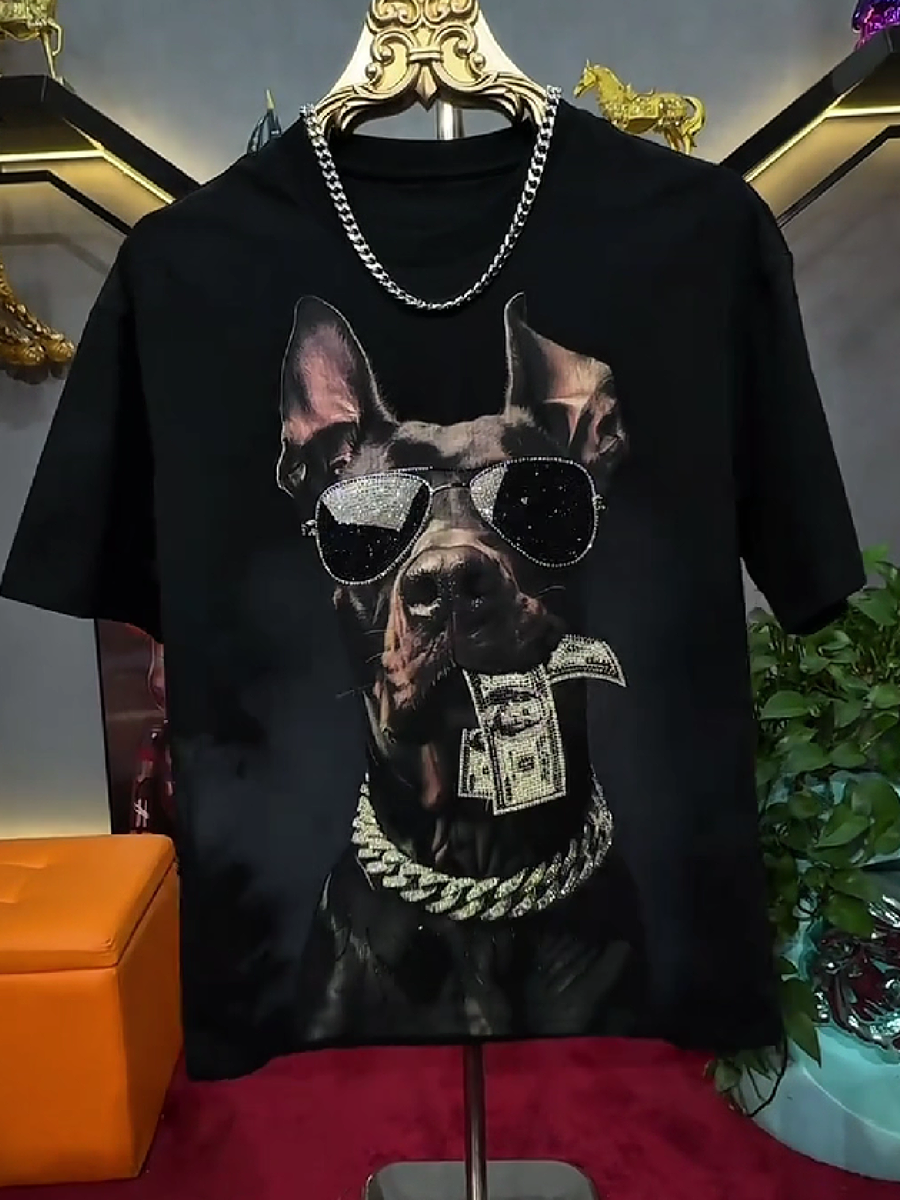 Men's Rhinestone Dog Graphic T-Shirt