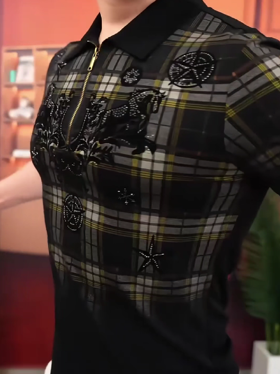 Men's Plaid Half-Zip Horse Graphic Polo Shirt