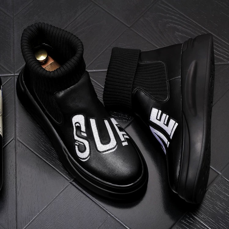 Men's Knit Cuff Slip-On Boots with Embroidered Letters