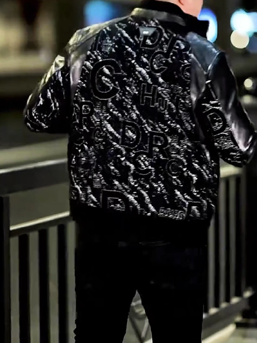 Embossed Logo Leather Bomber Jacket