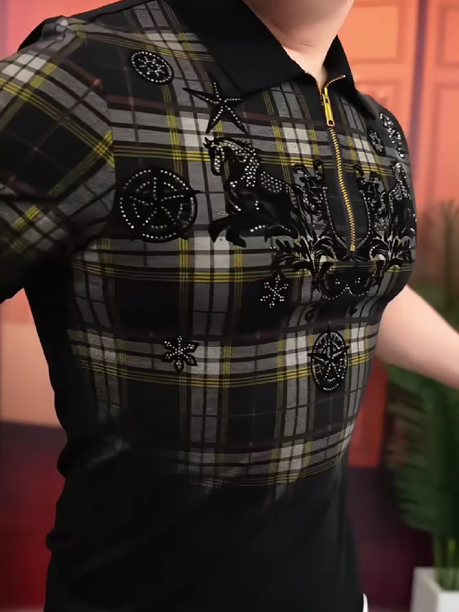 Men's Plaid Half-Zip Horse Graphic Polo Shirt