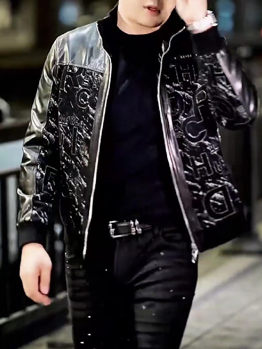 Embossed Logo Leather Bomber Jacket