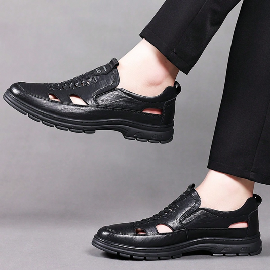 Leather Sandal Shoes with Breathable Cut-Out Design