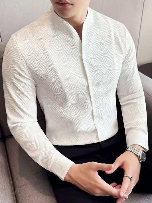 Textured Stand Collar Long Sleeve Shirt