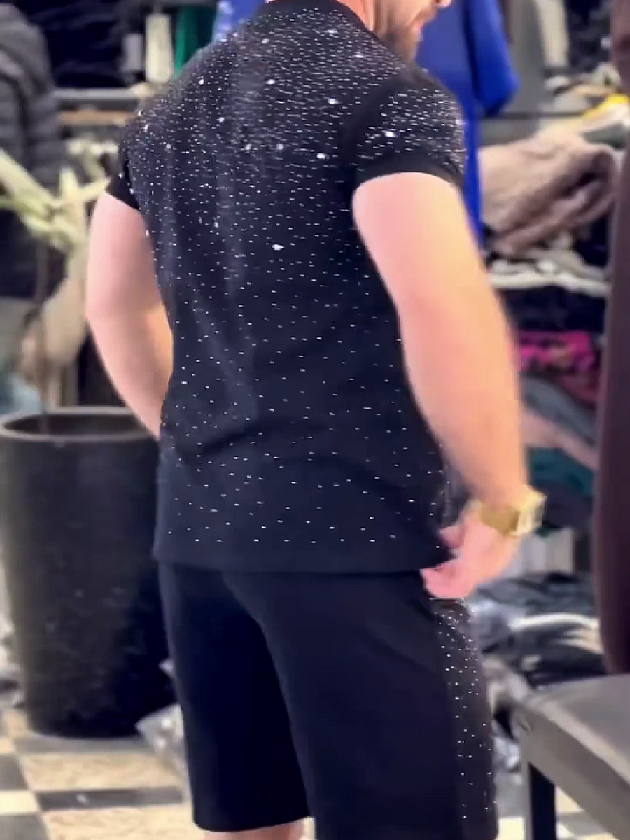 Men's Rhinestone Embellished Short Sleeve T-Shirt and Shorts Set