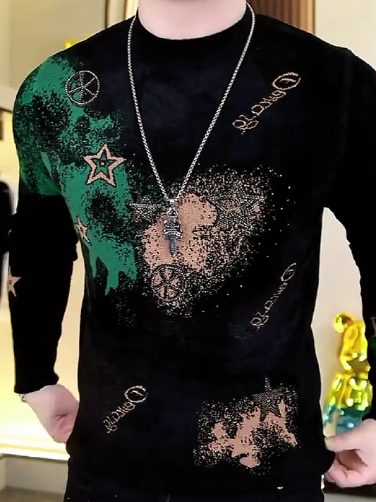 Glitter Graphic Print Knit Long Sleeve Shirt
