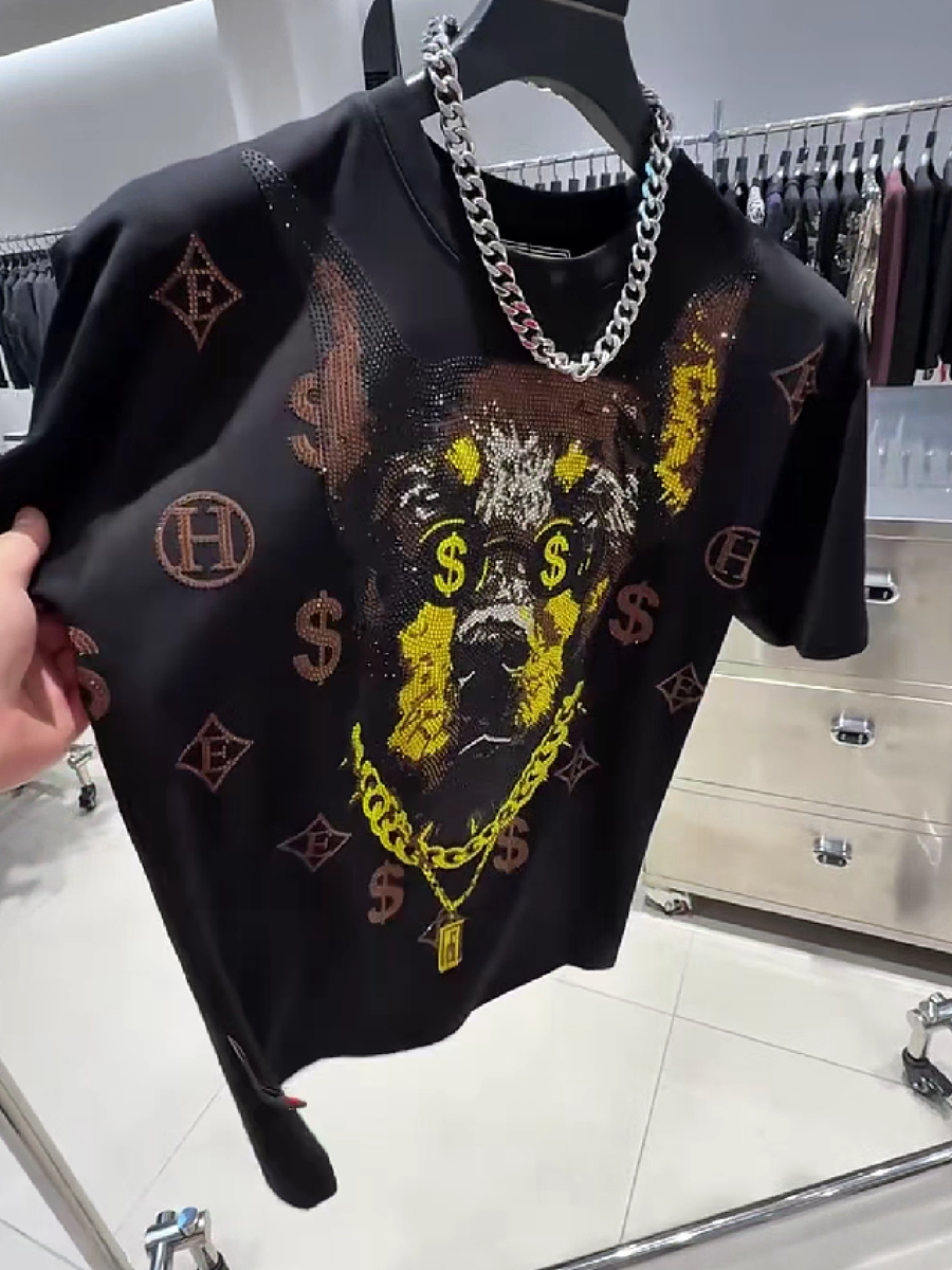 Men's Rhinestone Dog Head Dollar Graphic T-Shirt