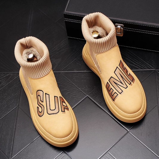 Men's Knit Cuff Slip-On Boots with Embroidered Letters