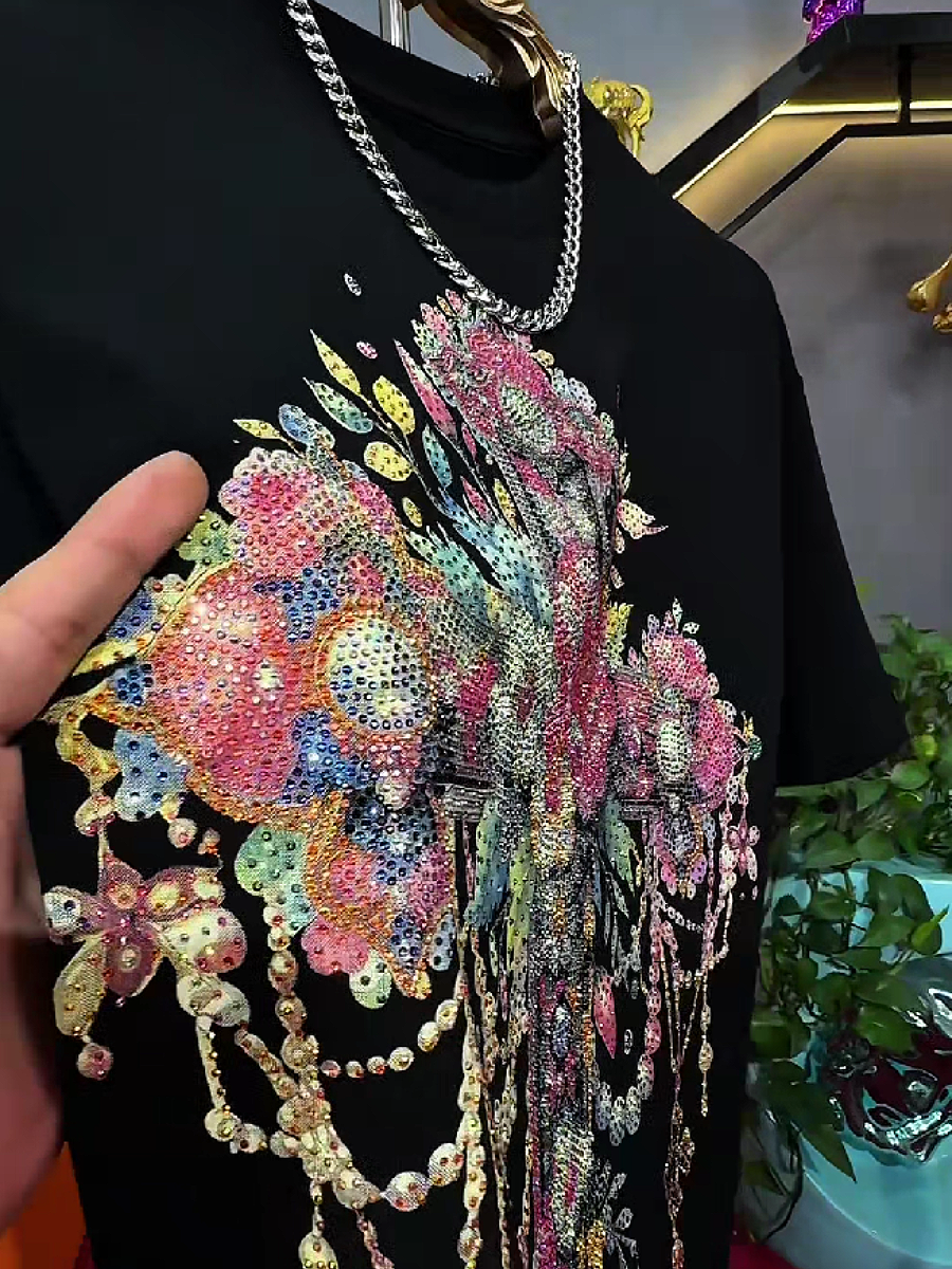Men's Rhinestone Floral Cross T-Shirt