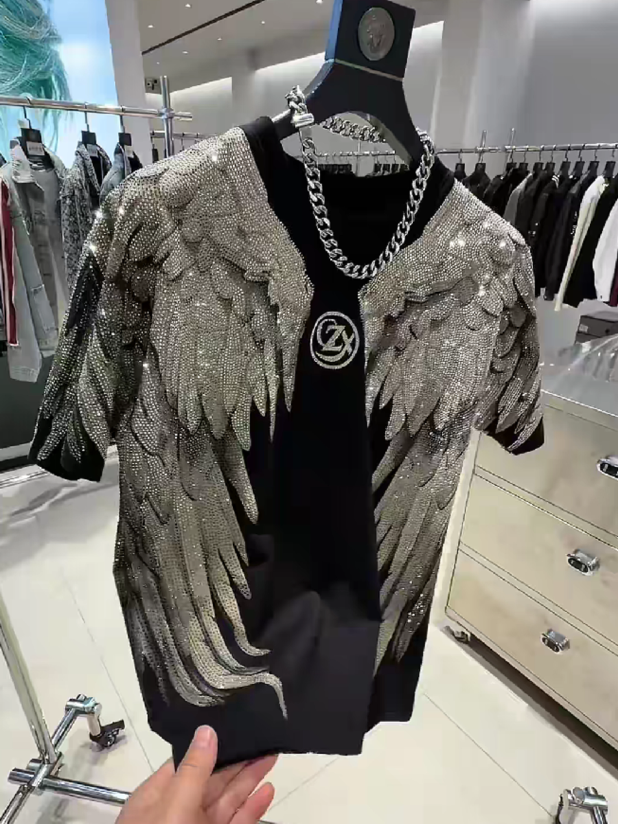 Men's Rhinestone Angel Wings Short Sleeve T-Shirt