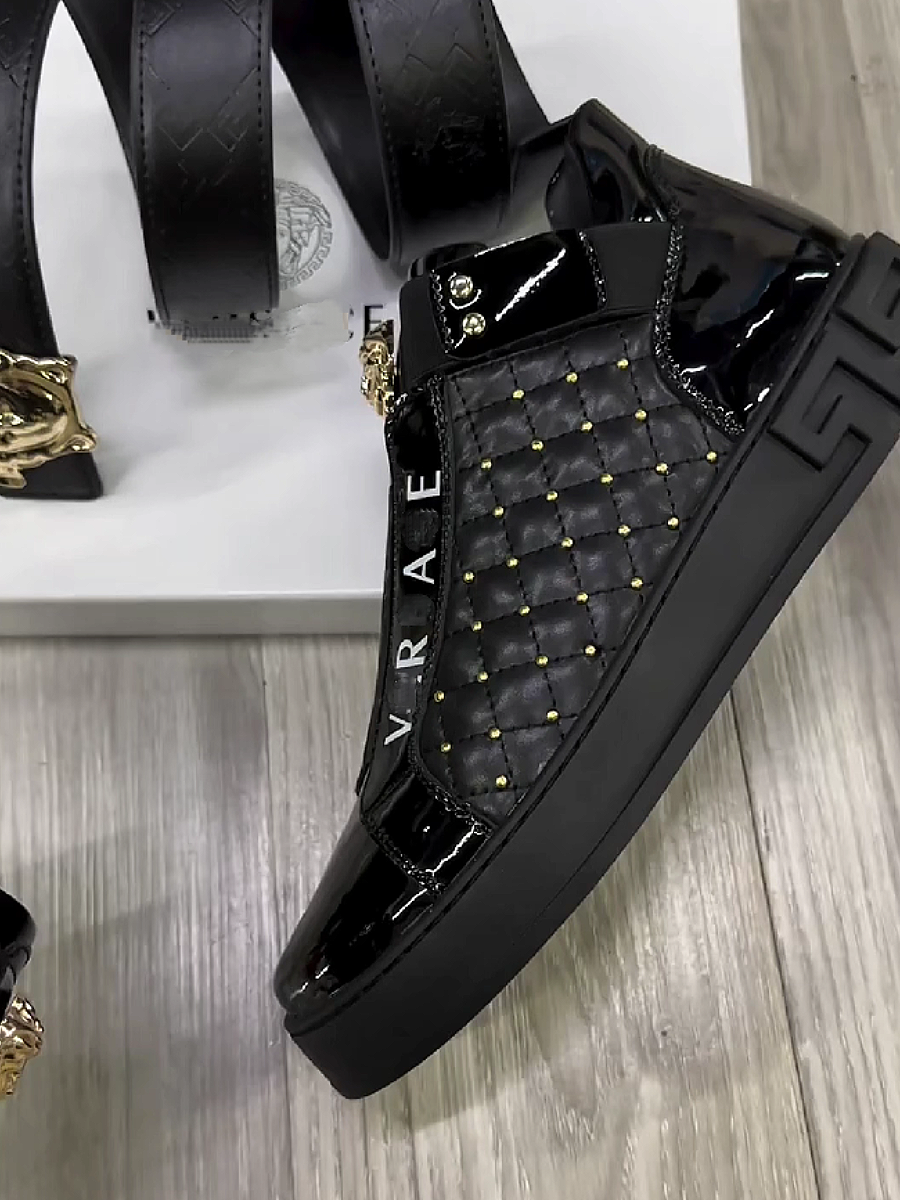 Men's Quilted Leather Sneakers with Studs and Buckle