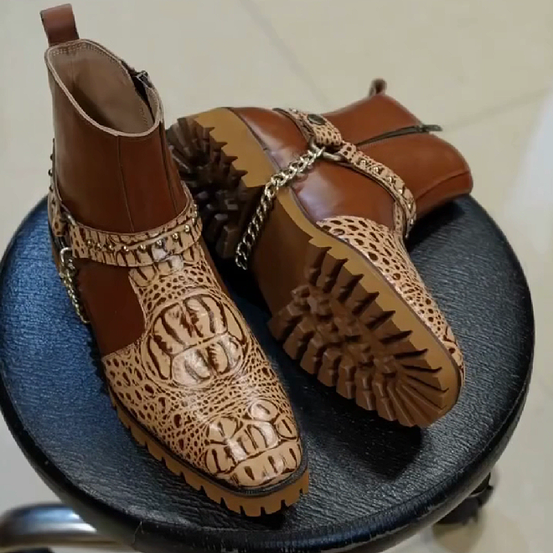 Crocodile Print Chain Detail Ankle Boot