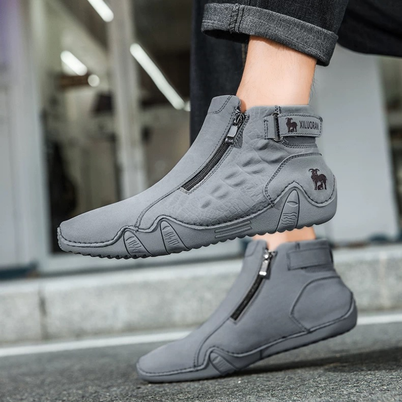 Men's Leather Zip-Up Ankle Boots with Textured Sole