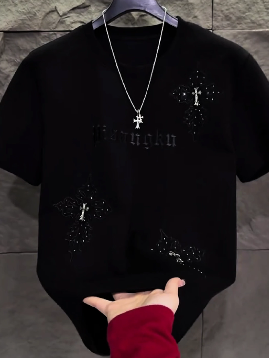 Men's Rhinestone Cross Embroidery Tee