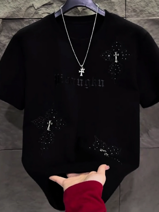 Men's Rhinestone Cross Embroidery Tee