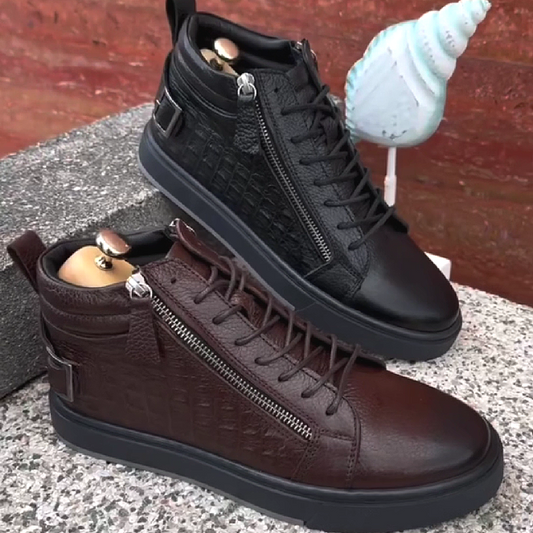 Textured Zipper Leather Boots