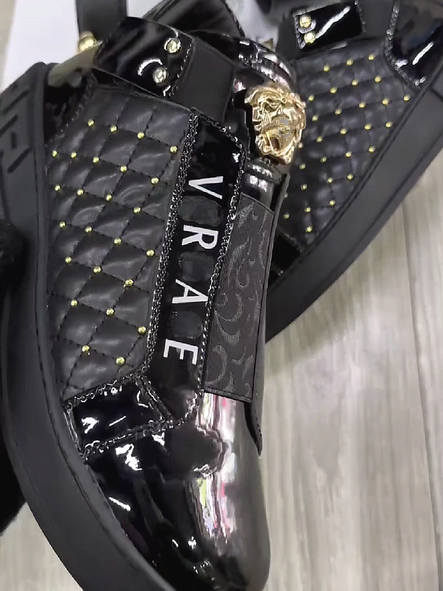 Men's Quilted Leather Sneakers with Studs and Buckle